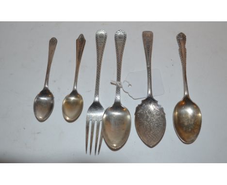 A silver christening fork and spoon, Sheffield 1914/1915,  other silver flatware, approx 4.60 ozt, a silver plated part table