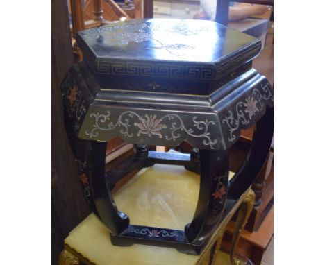 A Chinese style jardiniere stand, decorated birds and foliage, 45 cm wide, a Japanese two fold screen, a nest of tables, tabl