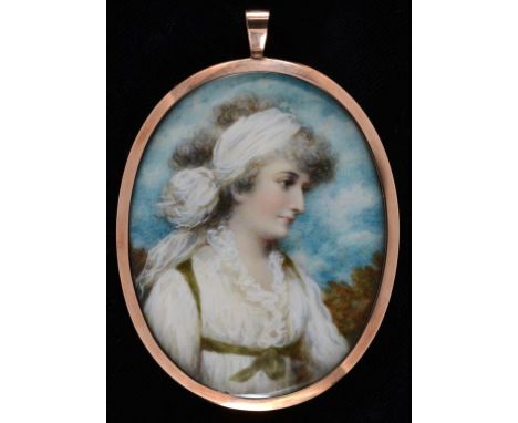Manner of Richard Cosway, a half length oval portrait, of a young lady wearing a scarf in her hair, 7.5 x 6 cm, in a yellow c