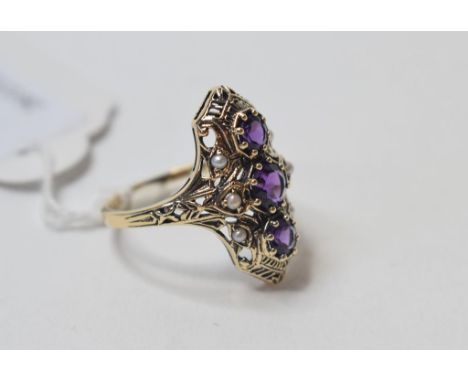 A gold, amethyst and pearl ring, approx. ring size N½   Condition report  Modern