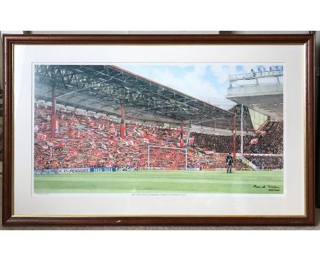 Framed coloured print after Frank Green. The Last Game at the Kop, Liverpool Football Club. 37 h x 70cms w. 