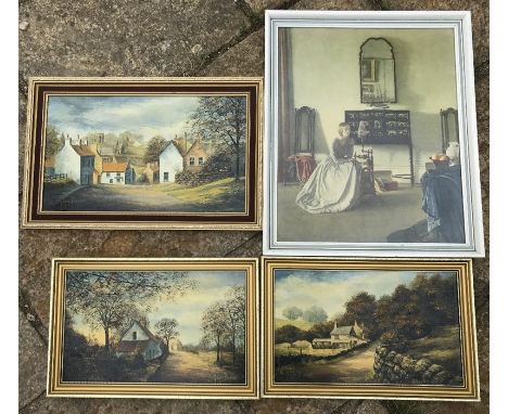 Three gilt framed oil paintings on board. Glynn Barker Village scenes, Appletree Wick, North Cave and Sancton, largest 30 h x