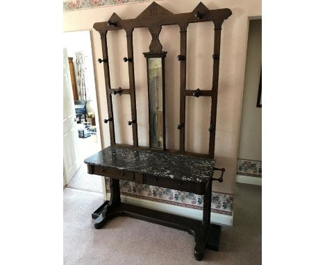 A 19thC oak hallstand with marble top and an Admiral Fitzroy barometer to the centre with 2 drawers to front. 226 h x 140 w x