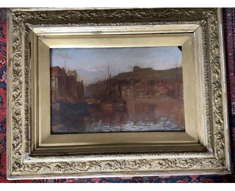 Oil on board 'Whitby Harbour Evening' by J Moore, signed lower right J M. 28 x 43cms. 