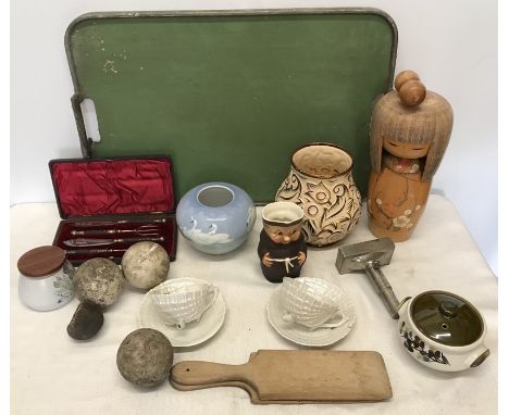 Mixed lot, Japanese wooden figure, Wade vase, 17cms h. Continental vase, Swans, cased cutlery set, ice cream scoop, Denby, cr