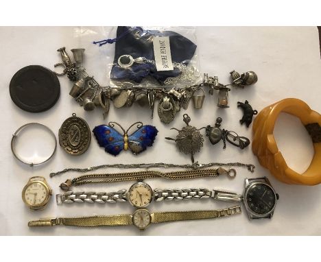 Vintage costume jewellery, watches etc to include Cartwheel penny, silver charm bracelet, hallmarked silver locket, butterfly