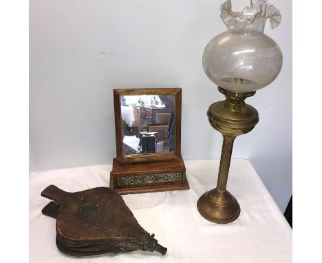 Mahogany toilet mirror with decorative drawer, brass corinthian column oil lamp with shade, 68 cms h and a pair of pine and l