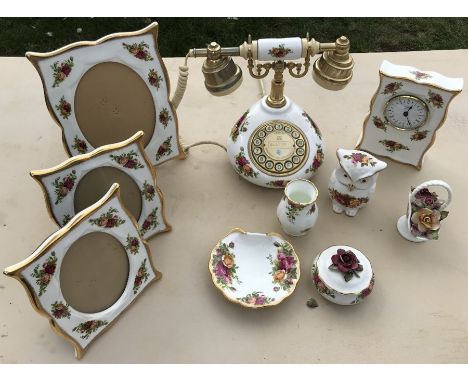 Royal Albert Old Country Roses collection including telephone, mantle clock, photo frames x 3, pin dish, small vase 8cms h, O