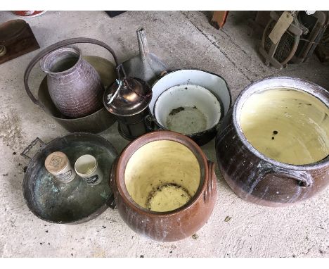 Brass jam pan, enamel pans, galvanised funnel, copper light fitting etc. 