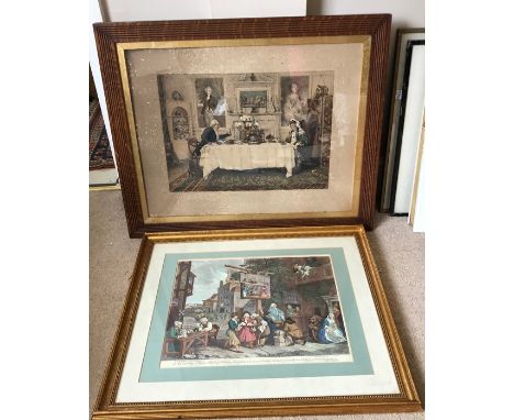 Two framed prints, gilt frames William Hogarth, Canvassing for Votes, 38 h x 47cms w and a Victorian oak framed print, Darby 