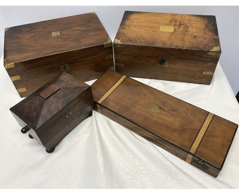 Two 19thC brass bound writing boxes, sarcophagus tea caddy and brass bound box lacking contents. 