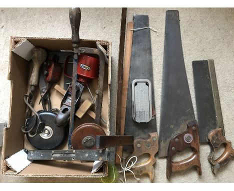 A box of good quality vintage tools including Spear and Jackson saw, measures, razor strop etc.