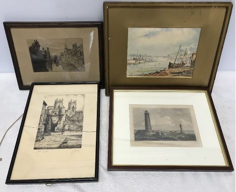 Small framed watercolour Austin Smith, Whitby Harbour (broken glass) 13 h x 17cms w. Coloured engraving Spurn Lighthouse, sig