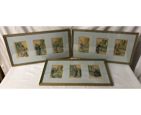 Set of three framed triple prints. French humorous 1950's, each print approx 14 h x 9cms w. 