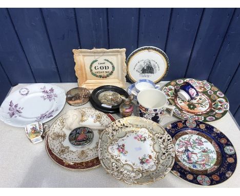 A boxed lot of ceramics to include Davenport plate, Wesleyan Church Heckington 1911 cup/saucer, Ashworths ironstone china pla