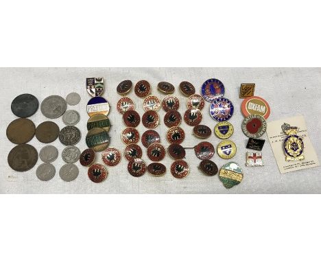 Collection of school enamel pin badges. Prefect, Wilberforce Humanitate, De La Pole, Virtue, Ferens Pietate, NTU President, M