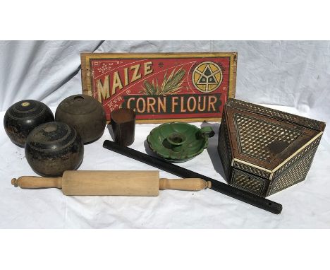 Selection, Maize Cornflower advert on wood panel, 3 bowling woods, enamel chamberstick, rolling pin, ruler and an ivory inlai