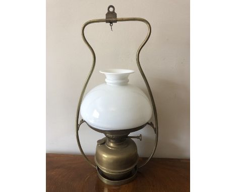 Vintage brass hanging oil lamp. 52cms h. 