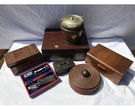 Mahogany box and a walnut inlaid tea caddy for restoration, walnut jewellery box, circular turned wooden box, lacquered money