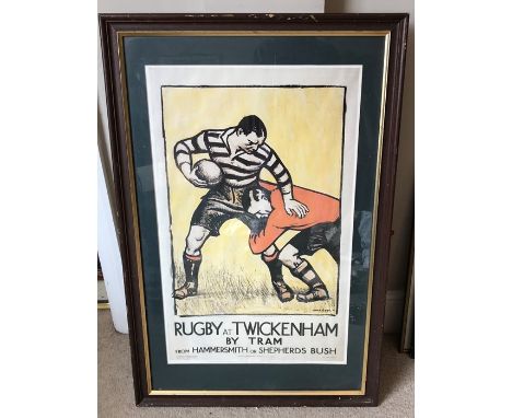 Large framed colour railway travel print, reproduction. Rugby at Twickenham by Tram, Laura Knight. 76 h x 48cms. 