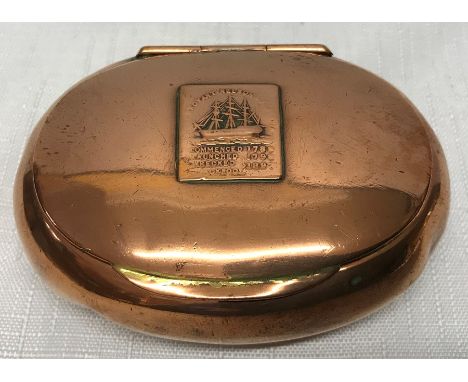 Copper tobacco/snuff box with hinged lid and copper badge made from copper sheathing of Nelson's flagship 'Foudroyant. Engrav