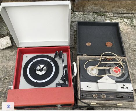 Fidelity table/portable record player 3 speed, model HF45 and an Argosy reel to reel tape recorder/player, woodworm to side. 