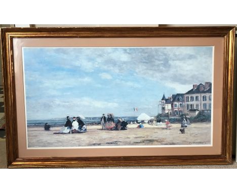 Large framed print, Victorian French beach scene. 44 h x 82cms w. Condition ReportSome gilt wear to frame.&nbsp;