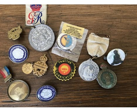 Twelve various vintage badges to include Shell tractor lubrication, Woman's Land Army etc. 