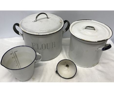 White enamel kitchenware, flour bin 25cms h, round lidded storage bin 23cms h, measure jug and funnel. 