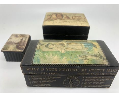 Three Victorian boxes including 'What is your fortune my pretty maid', papier mâché snuff box and box with owls to top.