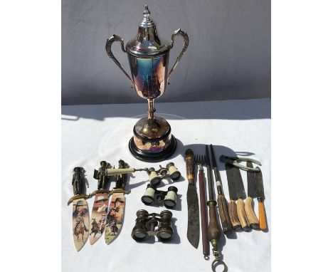 Bradford Exchange wall mounted ornamental knives, John Wayne, 1 large plated trophy 47cms h, carving knives and sharpeners, 3