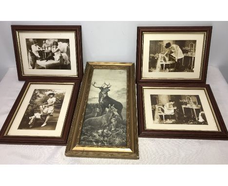 Four framed reproduction Edwardian risque photo prints. 12 x 17cms and a gilt framed print, Highland Stag. 