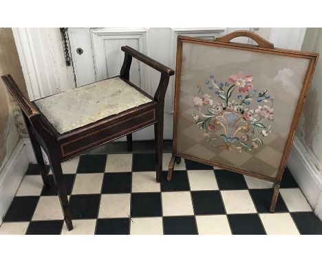 Walnut framed firescreen with needlework floral panel and an Edwardian mahogany inlaid piano stool. Condition ReportWear and 