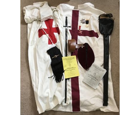 Masonic Knights Templar uniform, dress, hooded cape, ceremonial sword by Toye and Sons, cap with badge, sash and belt and 3 m