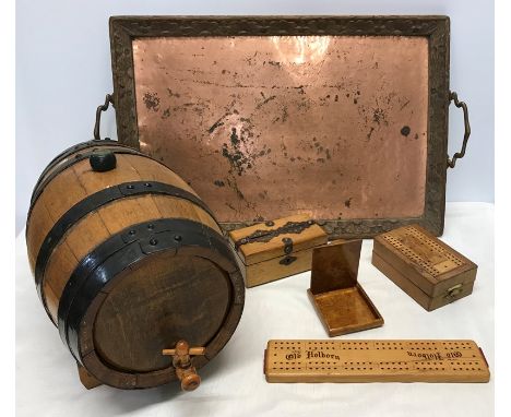 Small oak metal bound barrel, 34cms l, 24cms h, oak framed copper tray, money box, Old Holborn cribbage board, cribbage game 