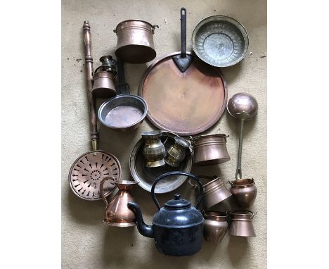 Selection of copper wear, Victorian skillet pan, 38cms w, chestnut roaster, small buckets, black enamel kettle etc. 