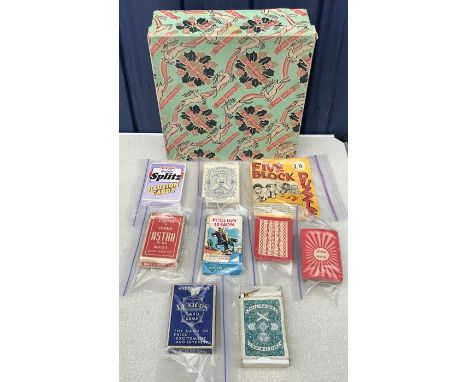 Selection of playing card games inc Cow and Gate smiler, Militaire Army card game and other and a Tom Smith cracker box. 