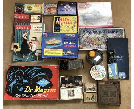 Board games, puzzles, jigsaws, Anchor stone puzzle, parquetry blocks, chess and draughts, Dr Magini, Magnetic fishing, John B