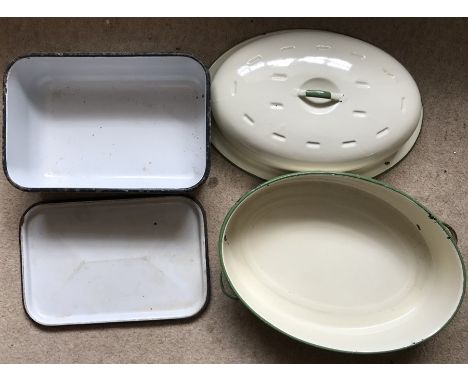 Green and cream enamel lidded casserole dish and a white enamel lidded surgical dish. Condition ReportChips to rim of surgica