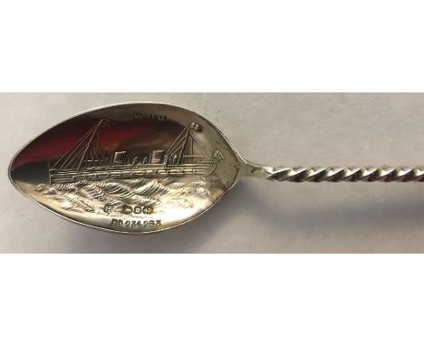 A hallmarked silver commemorative spoon CUNARD-LUCANIA-a launch souvenir with embossed vessel outline and name in bowl, twist