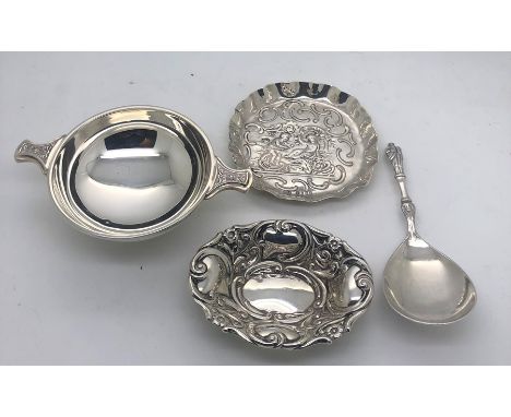 Silver to include quaich, Edingburgh 1971, an oval Birmingham 1893 dish with repousse cherubs, import marks London 1895 and c