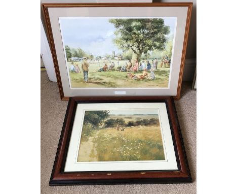 Two framed coloured prints. Sunday Cricket by Douglas. E. West 40 h x 57cms w and Gundog hunting scene John Haskins 30 h x 39