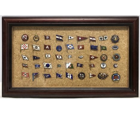 Framed and mounted enamel pin badge collection, shipping and cruiseliner companies, 45 badges including White Star (GEORGIC),