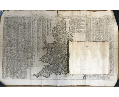 Unframed map of England and Wales, The Travellers Guide or Ogilby's Roads Epitomised, 18thC with table of direct and cross ro