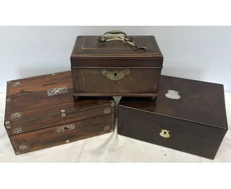 Two stationary boxes, walnut and oak with mother of pearl inlay and a mahogany tea caddy with converted interior. (3)