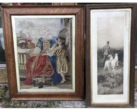Victorian oak framed woolwork picture. 60 h x 46cms w and a framed Victorian print, Huntsman and dogs, signed G Earl, dated 1