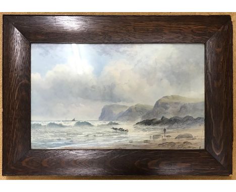 Oak framed watercolour painting, G B Hall coastal scene. Man walking the beach and sailboats offshore. 30 h x 50cms w.Conditi