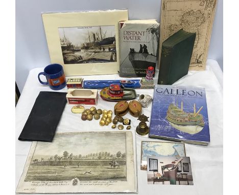 A mixed lot to include tin plate wind up Island ferry and Harbour tug, merchant shipping brass buttons, Manchester Liners ash