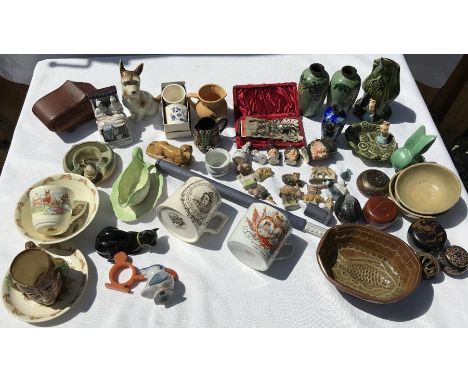 Mixed lot, Sylvac, Cloisonne vases a/f, Queen Victoria jubilee mug Wrawbyi, Royal Doulton Bunnykins, Doulton small toby jugs,