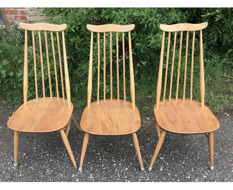 Three high stick backed quaker Ercol chairs plus 2 Windsor type. (5)